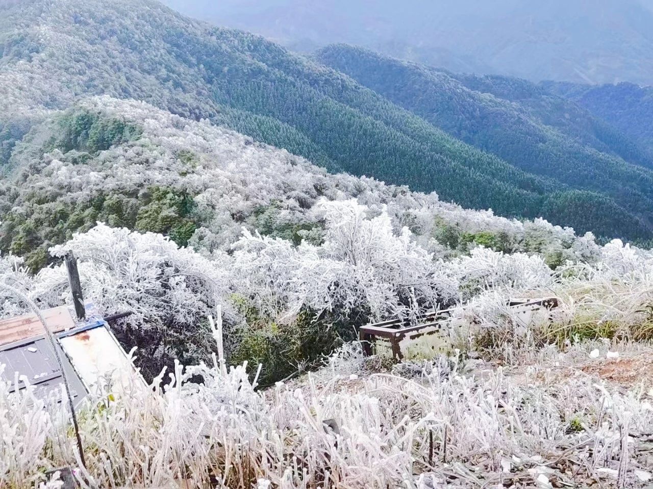 融安德圣峰上的雾凇和冰凌景观美成仙境，银装素裹，风景如画